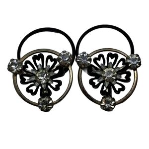 Vintage Black & Gold Filigree Flower Screw Back Earrings, Mid-Century Rhinestone